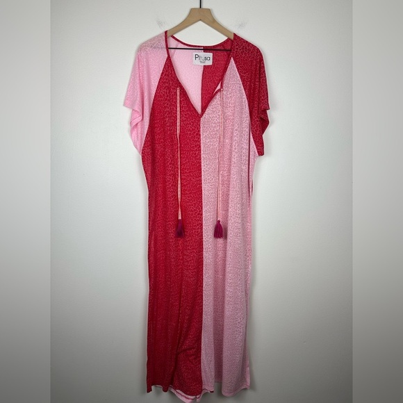 Pitusa Color Block CoverUp Resort Cheetah Pink Popover Maxi Dress Women’s OS - Picture 4 of 6